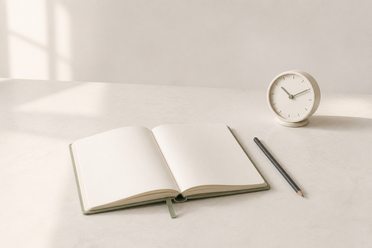 Minimal journal, pencil and clock on a softly lit desk